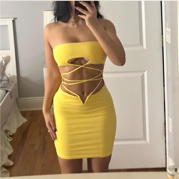 Oh Polly Yellow Strapless Cut-Out Dress - Picture 3 of 4